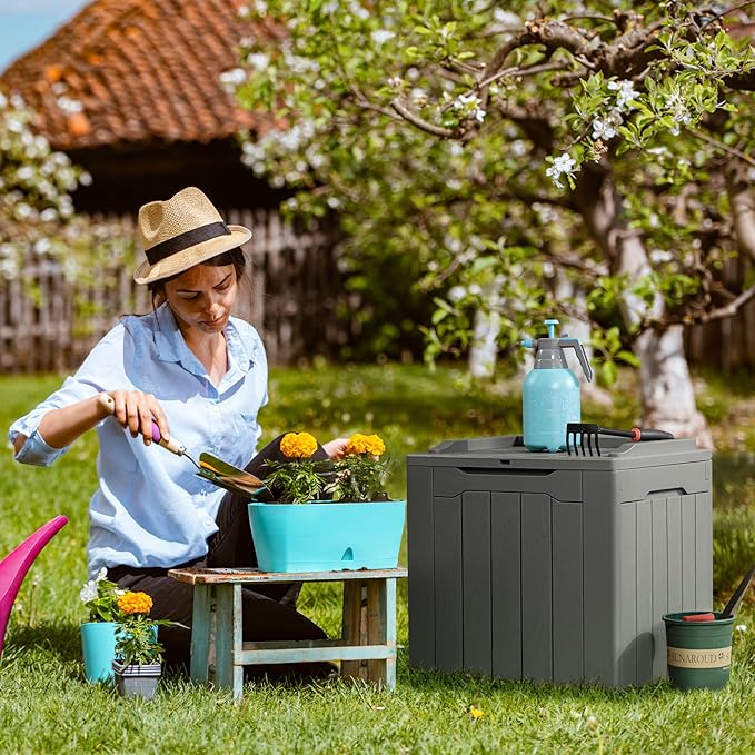 Flamaker Deck Box 31 Gallon Waterproof Resin Small Deck Box with Lid, Indoor Outdoor Package Delivery Box, Organization and Storage for Patio Furniture, Garden Tools, Outdoor Cushions (Grey)