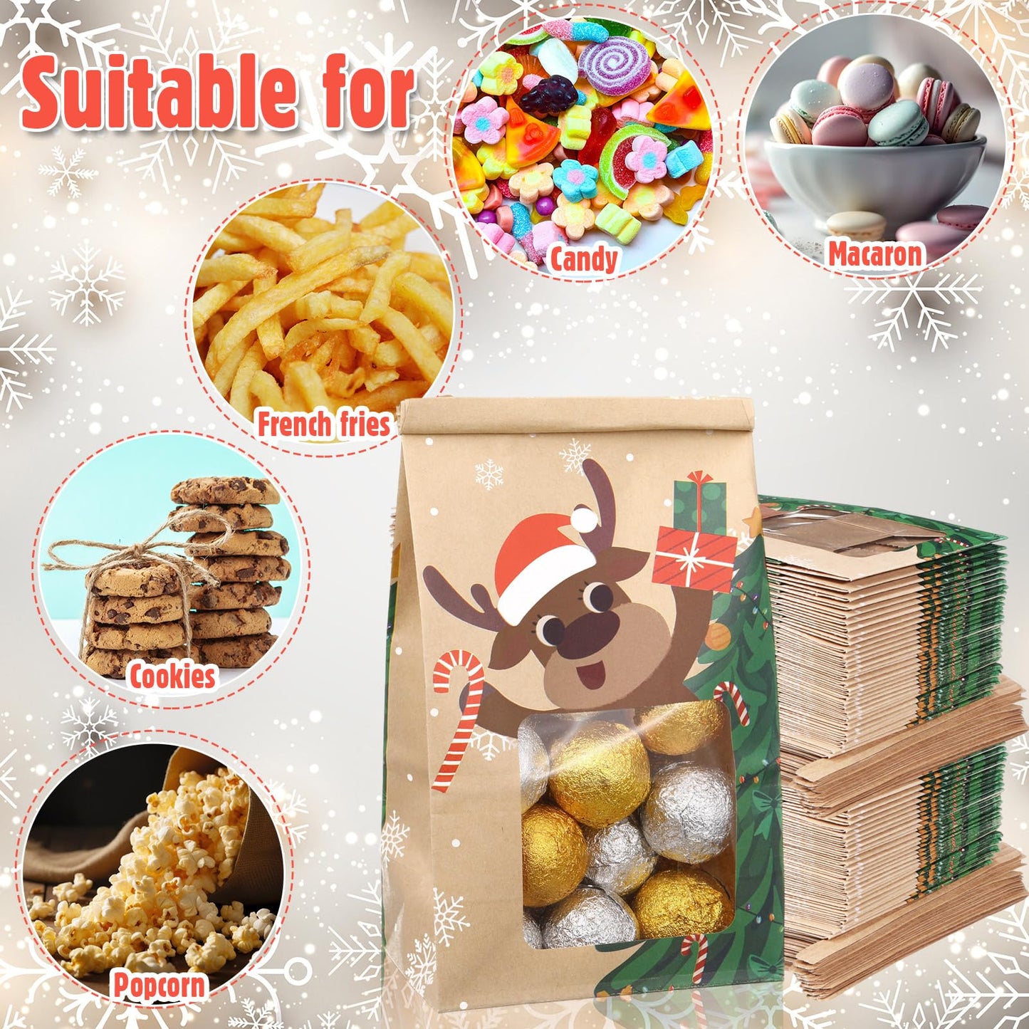 Fullhawl 120 Pcs Christmas Bakery Bags With Window, 4 x 2.36 x 6.7 Inch Tin Tie Tab Lock Small Xmas Kraft Paper Cookie Treat Popcorn Bags for Winter Holiday Party Favor