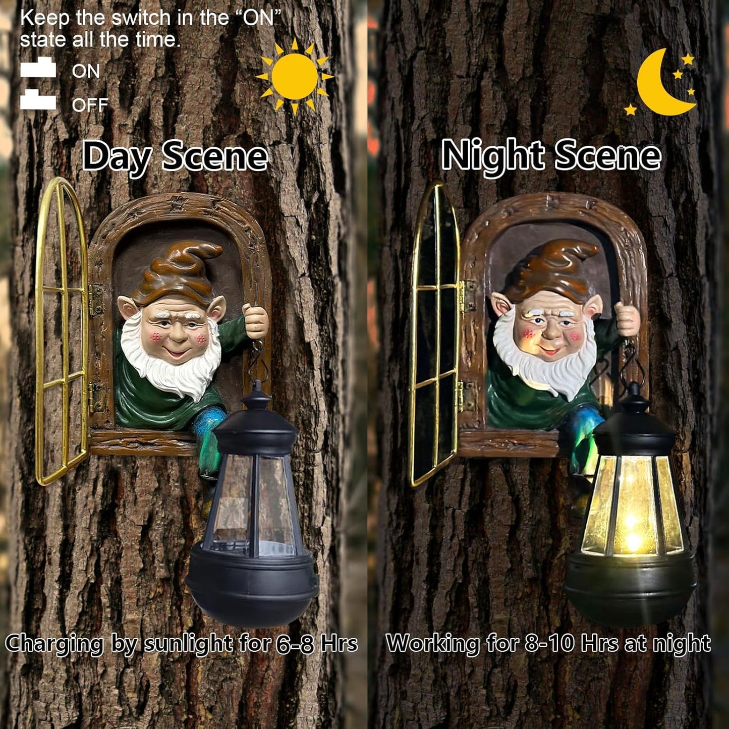 Garden Gnomes Decor Outdoor Statue - Christmas Gnome Decorations with Solar Lights Whimsical Elf Out The Door Tree Hugger Garden Statues Tree Face Gnomes Yard Art for Patio,Fence,Lawn Gnomes Ornament
