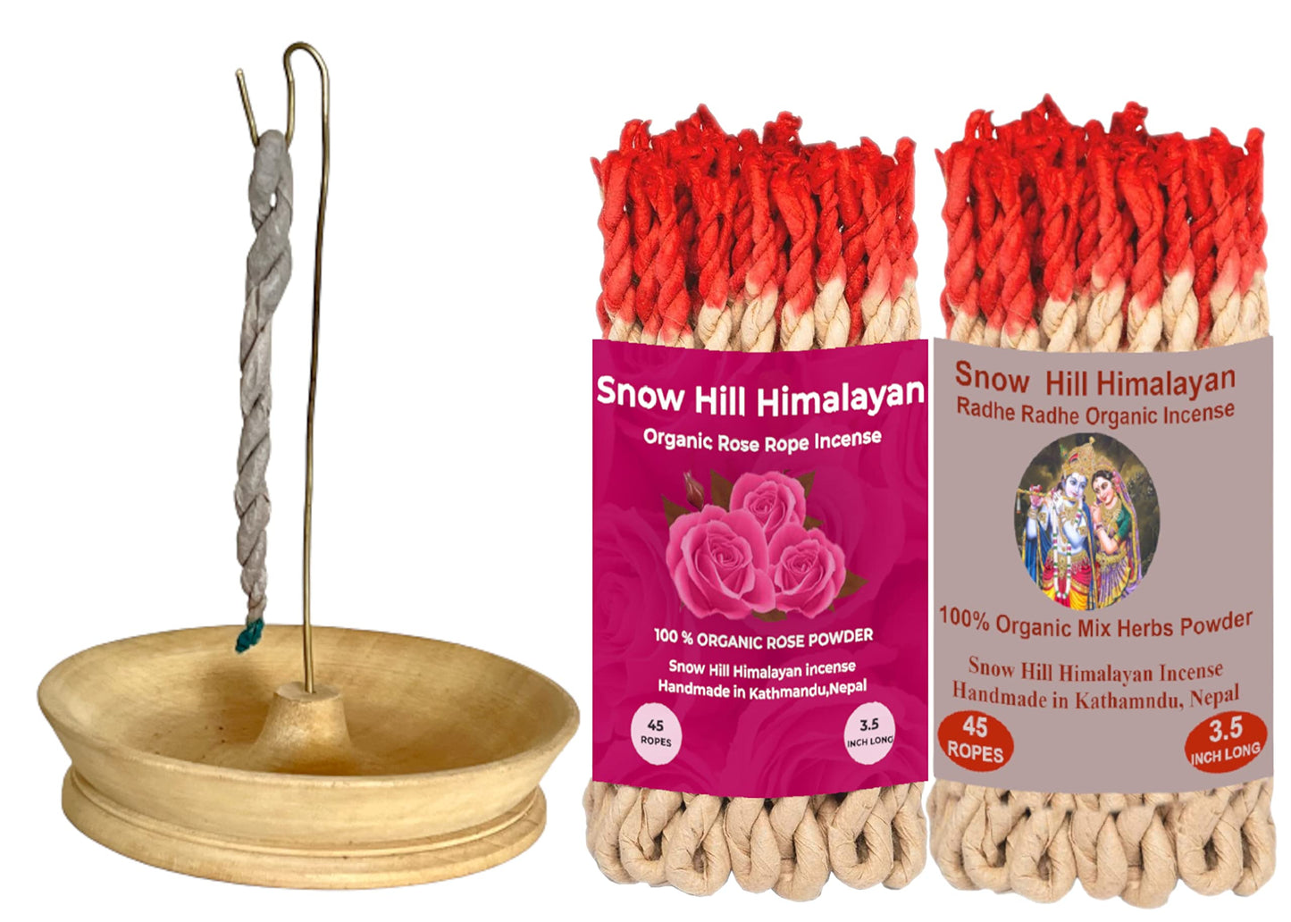 Snow Hill Incense Rope Holder Burner with 2 Pack of Rose & Radhe Radhe Incense Rope, Organic Composed of 26 Ritual Ingredients - Wooden Incense Ash Catcher Burner - Handmade in Nepal