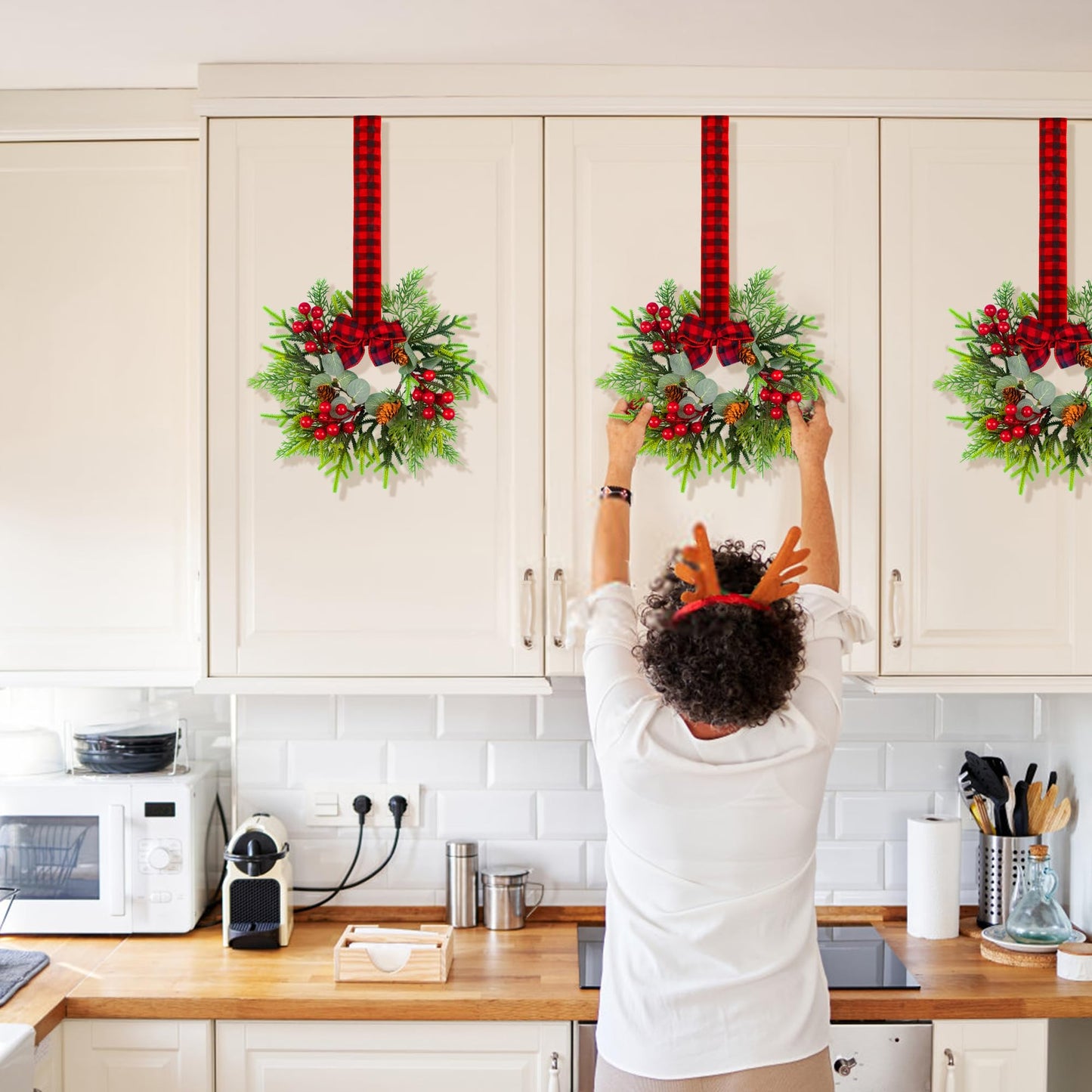 Small Christmas Wreath - 2Pcs Mini Wreaths with Red Berry Pine Eucalyptus for Kitchen Window Decor Small Farmhouse Wreaths Garland for Indoor Home Cabinet Decorations