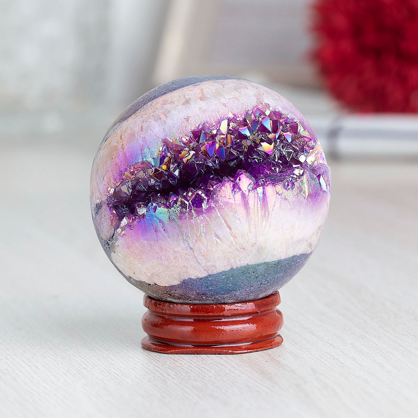 SUNYIK 51-60mm Purple Titanium Coated Quartz Geode Ball Sphere with Stand Crystal Opening Cornucopia Orb Ball Cluster Specimen Display for Decor Feng Shui Meditation