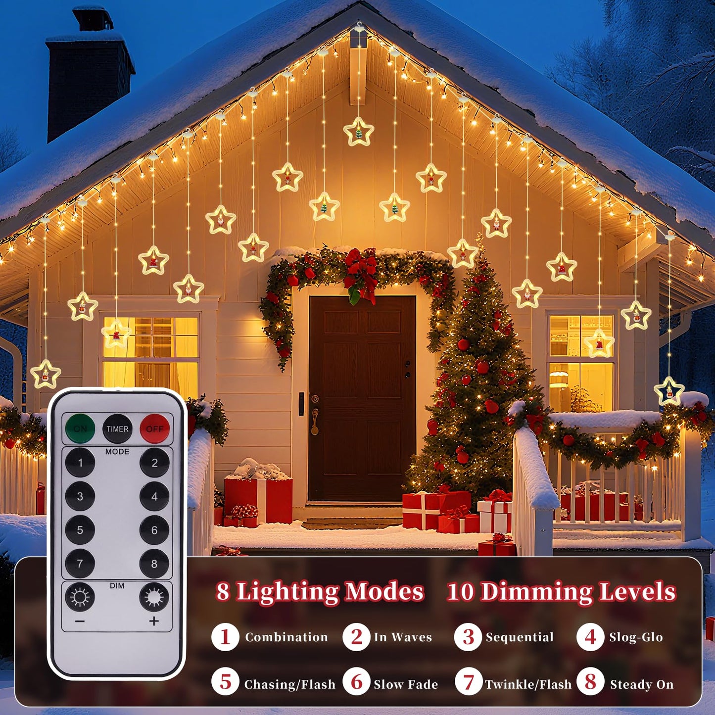 BomKra Christmas Star Curtain Lights, Christmas Window Lights Decor with Remote,8 Lighting Modes, IP65 Waterproof, 10 Hooks Christmas Decorations Indoor Outdoor for Bedroom Party Wall Door Window