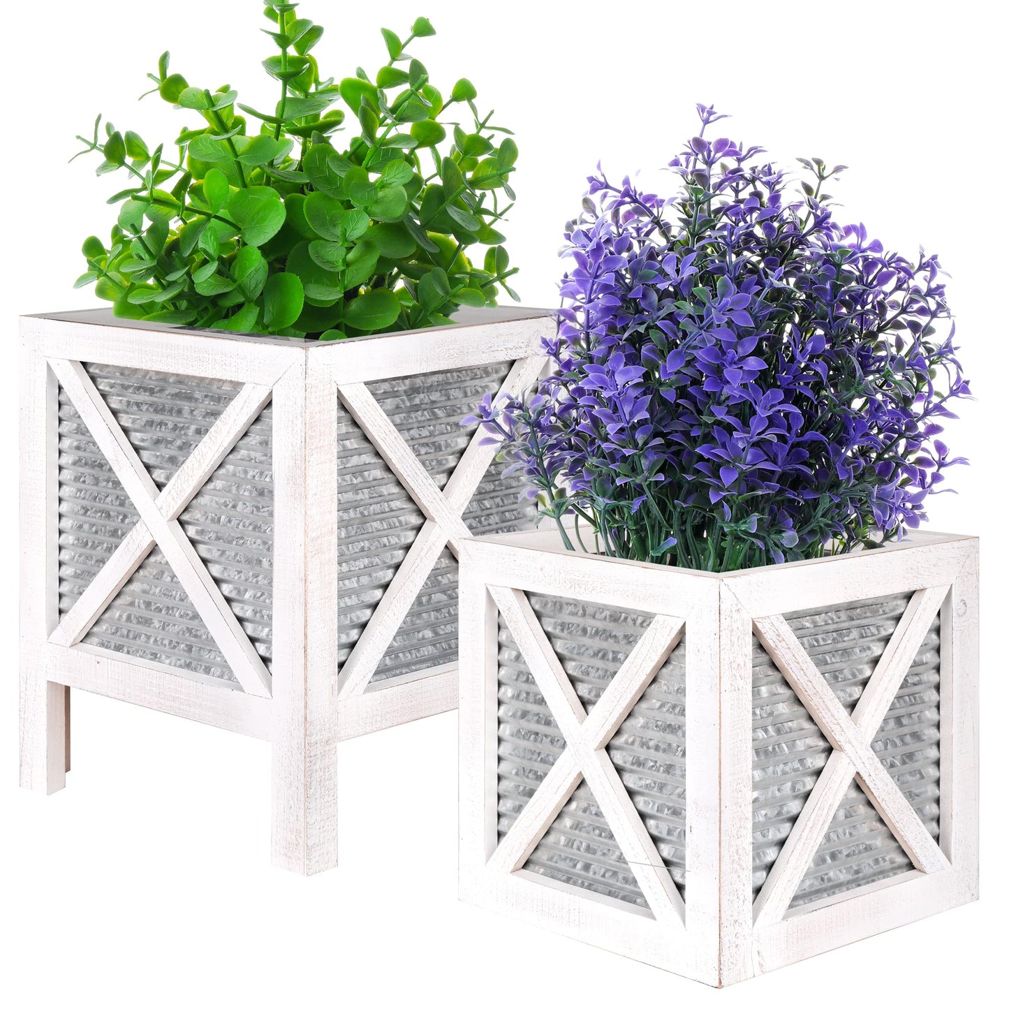 Autumn Alley Farmhouse Front Porch Planters Set of 2 Stand with Galvanized Corrugated Metal Planter for Outdoors/Indoors - Rustic Wood Square Planters Box on Legs – Charming Farmhouse Décor, White