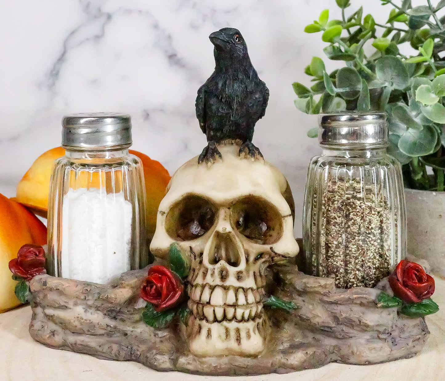 Ebros Day Of The Dead Raven Crow With Rose Skull Salt And Pepper Shakers Holder Figurine Set 6.25"L Halloween Graveyard Spooky Macabre Skulls Skeletons
