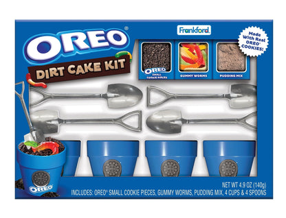 Frankford OREO DIY Dirt Cake Kit with Real Cookie Pieces, Gummy Worms, Chocolate Pudding Mix, Shovel Spoons, and Ceramic Cups