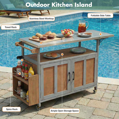 Merax 60.6" Outdoor Mobile Kitchen Island on Wheels with Stainless Steel Tabletop, Foldable Patio Grill Cart Table with Large Storage Cabinet and Towel Rack for Backyard, Garden, Espresso