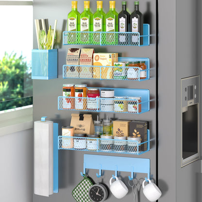 Magnetic Spice Rack for Refrigerator, 6 Pack 100% Metal Strong Magnet Shelf, Space Saving Spice Organizer, Home Kitchen Laundry Room Storage Organization W/ Paper Towel Holder, Utensils Racks (Grey)