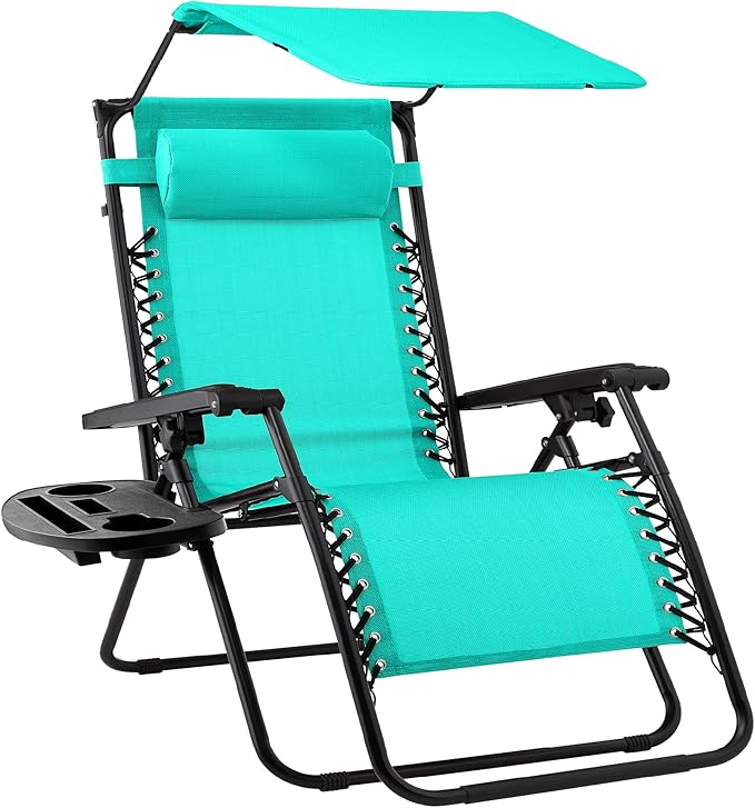 Best Choice Products Folding Zero Gravity Outdoor Recliner Patio Lounge Chair w/Adjustable Canopy Shade, Headrest, Side Accessory Tray, Textilene Mesh - Mint