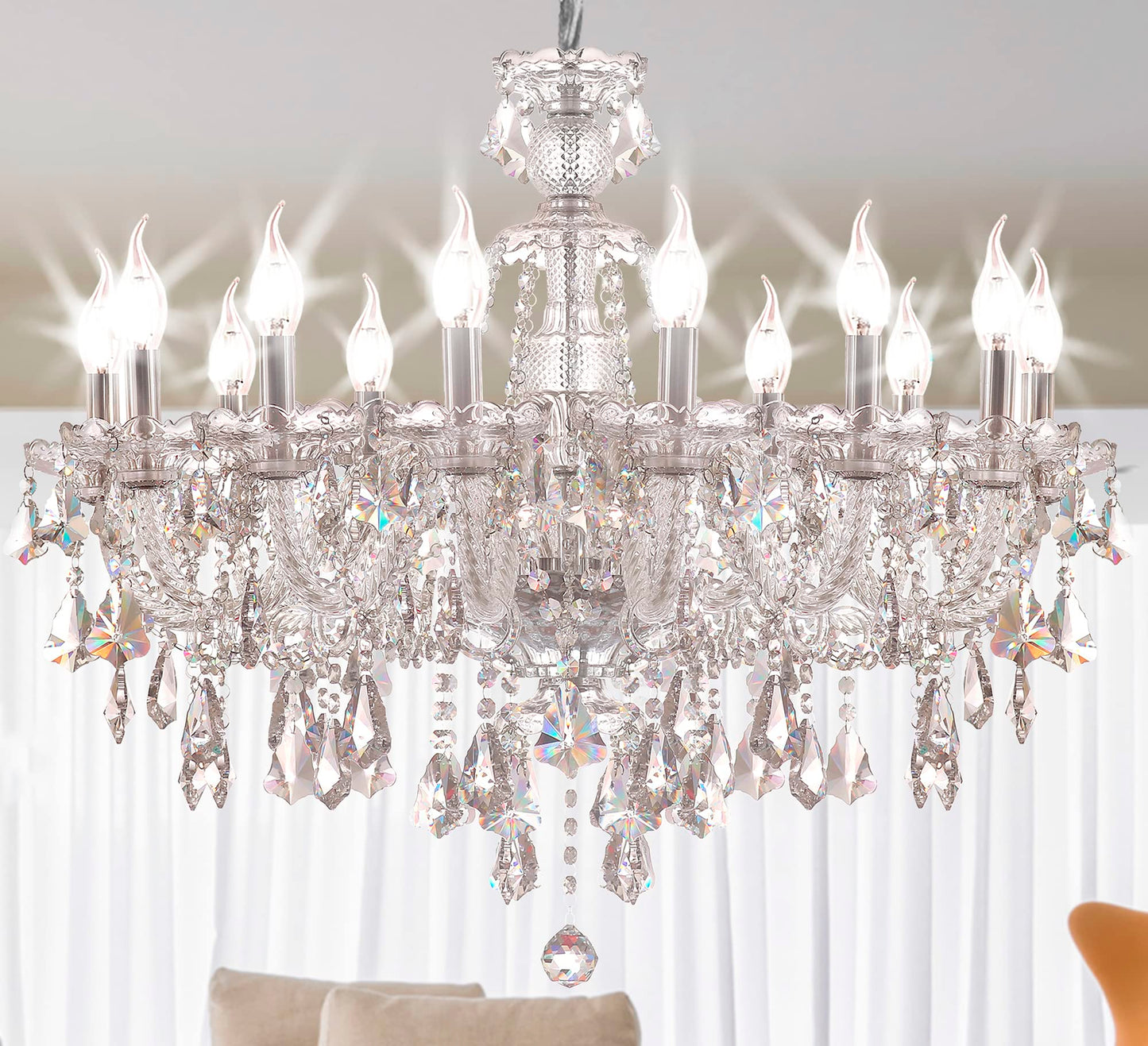 Clear 12 Lights K9 Crystal Chandelier,Candle Pendant Lamp Ceiling lighting, Crystal Chandeliers for dining room ,Bedroom,Living Room, 33 inch x27.5 Inch ( Color: Clear)with 12pcs 5W E12 LED Bulbs.