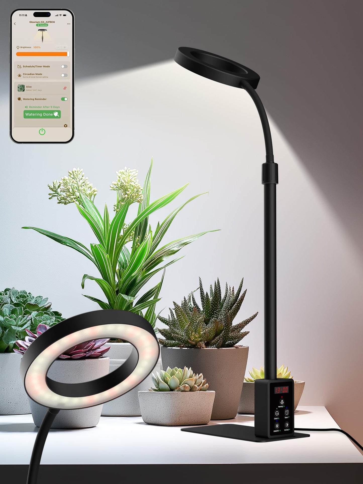 Smart Grow Lights for Indoor Plants, Plant Light with Auto-Timer, Full Spectrum LED Grow Light, Adjustable Height & Stepless Dimming,Plant Assistant Suitable for Most Plants (Black(Desktop2))