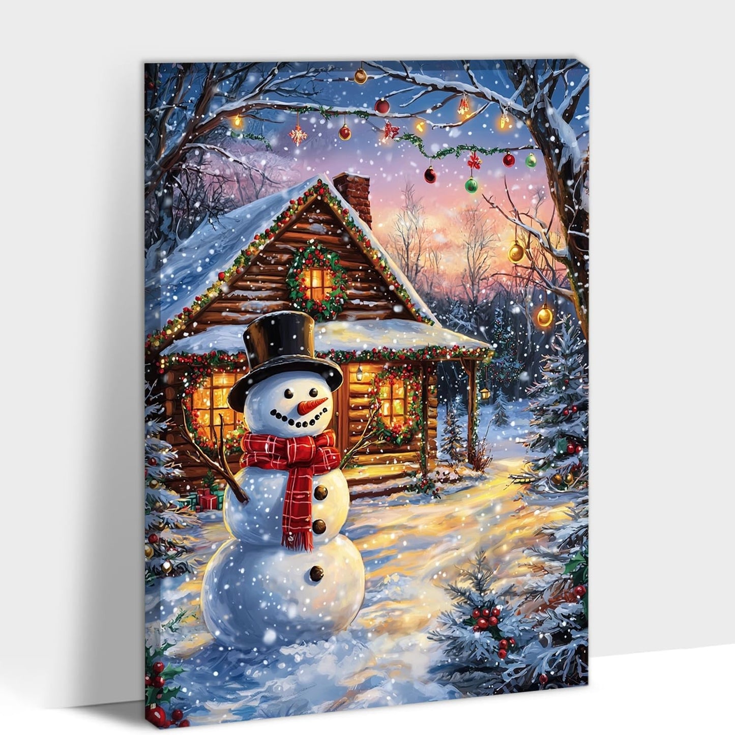 GUTTATY Christmas Canvas Wall Art, Cute Snowman Canvas Wall Decor, Shine Canvas Pictures Wall Decor, Lighted House Wall Art Decor for Living Room, Bedroom, Office Art Decor 18x24 Inch