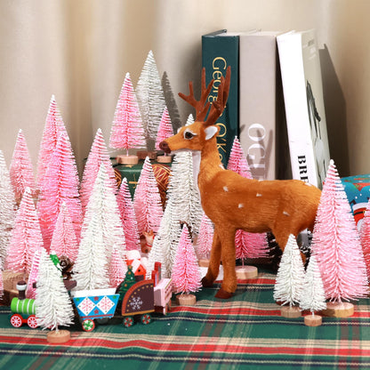 30Pcs Mini Christmas Trees Artificial Christmas Tree Bottle Brush Trees with Wooden Base for Christmas Decor Christmas Party Home Table Craft Decorations(Pink+White)
