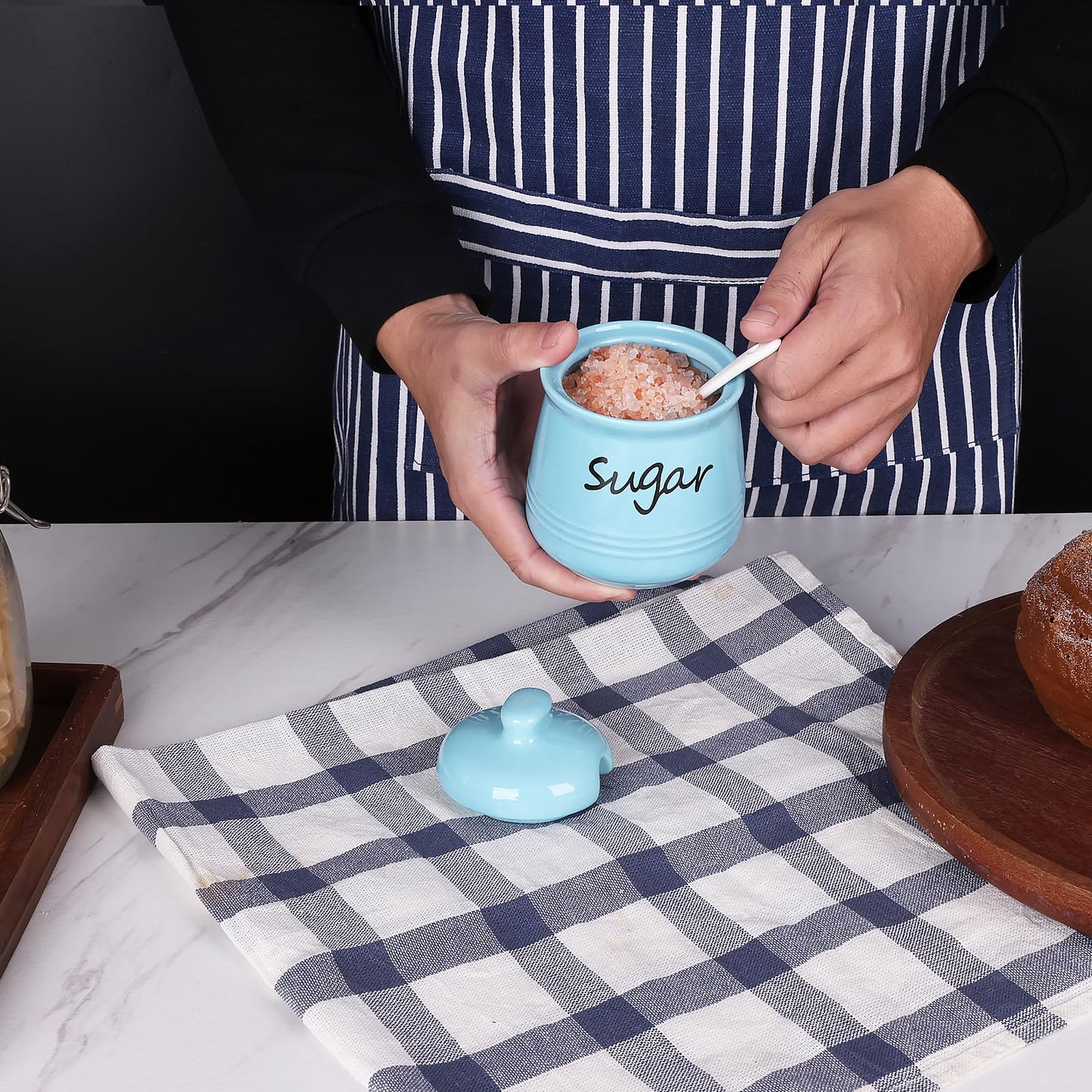HAOTOP 12oz Sugar Bowl with Lid and Spoon,Ceramic Sugar Jar Sugar Dispenser Sugar Container Coffee Bar Accessories, Kitchen Countertop Canisters,Turquoise