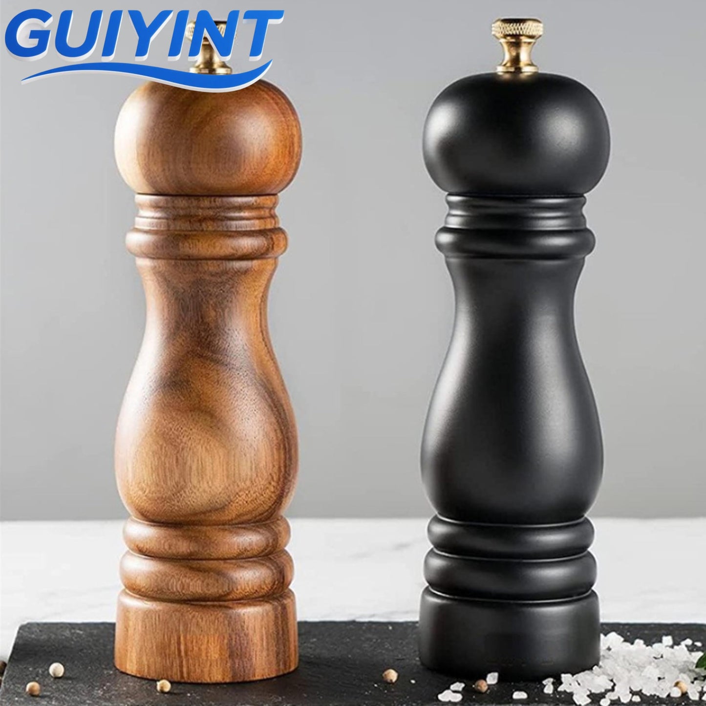 Guiyint Manual Salt and Pepper Mill Set, Beechwood Zirlion Style Grinders with Adjustable Coarse to Fine Grind, Zirlion Salt and Pepper Mills-Universal Classic Model