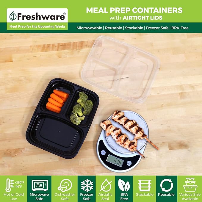 Freshware Meal Prep Containers 3 Compartment Food Storage Containers
