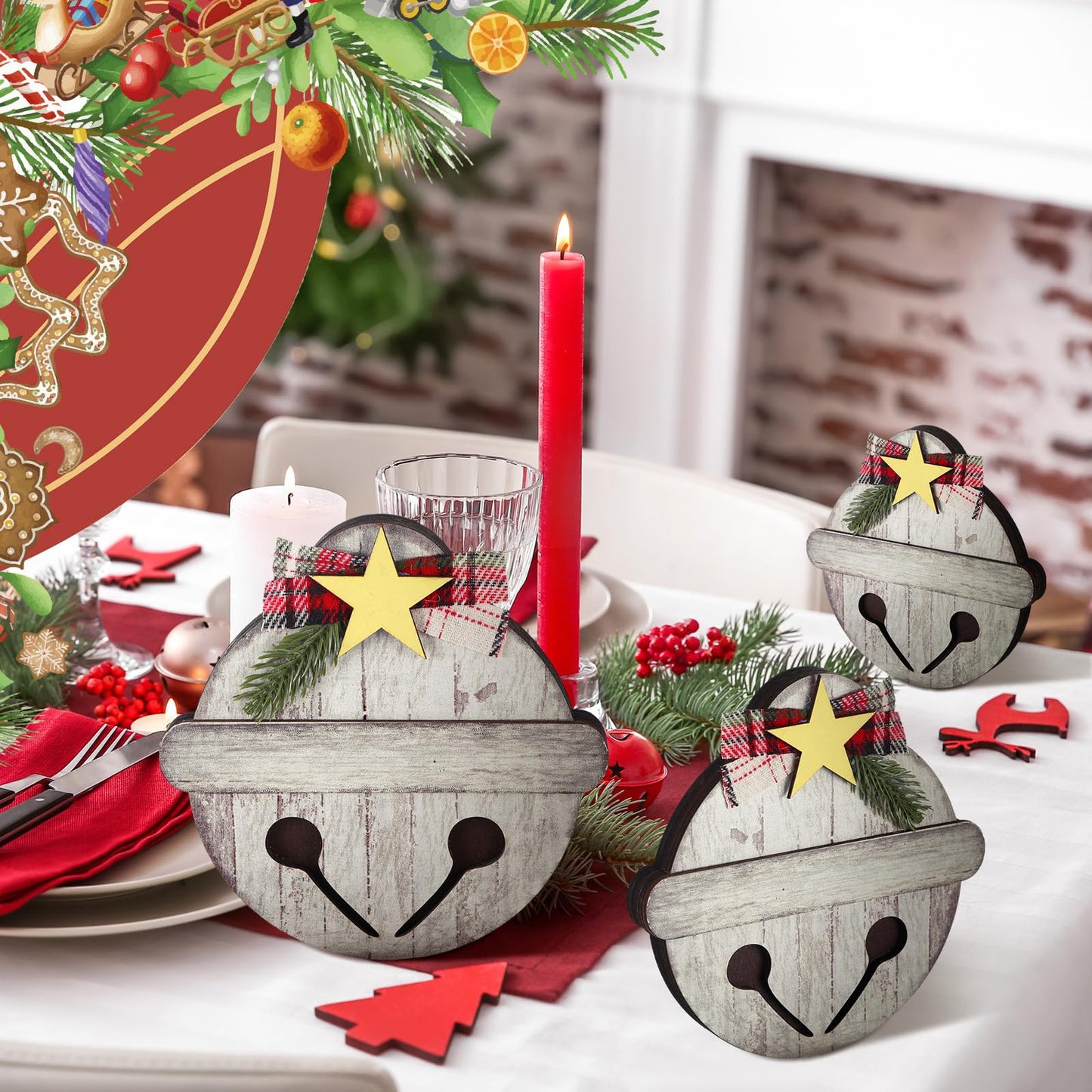 Threehoney 3 Pcs Christmas Wooden Table Decorations Rustic Jingle Bell Wood Sign with Plaid Bow Pine Branches Star Farmhouse Christmas Bell Table Centerpieces for Xmas Party Kitchen Tiered Tray Decor