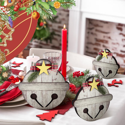 Threehoney 3 Pcs Christmas Wooden Table Decorations Rustic Jingle Bell Wood Sign with Plaid Bow Pine Branches Star Farmhouse Christmas Bell Table Centerpieces for Xmas Party Kitchen Tiered Tray Decor