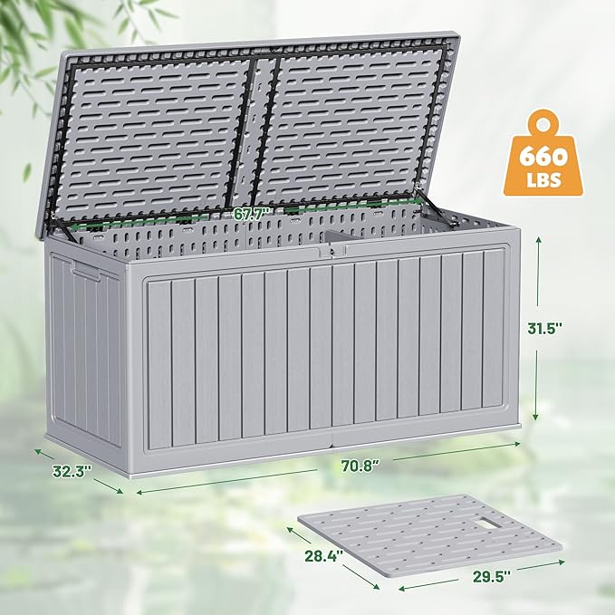 Devoko 260 Gallon Double-Wall Deck Box with Divider, Side Handles, Resin Outdoor Large Storage Box Waterproof and Lockable for Patio Furniture, Garden, Pool (Grey, 260 Gallon)