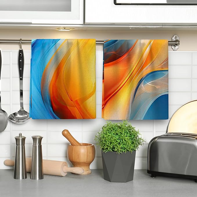 Orange Blue Kitchen Dish Towels Set of 4, Soft Absorbent Marble Decorative Tea