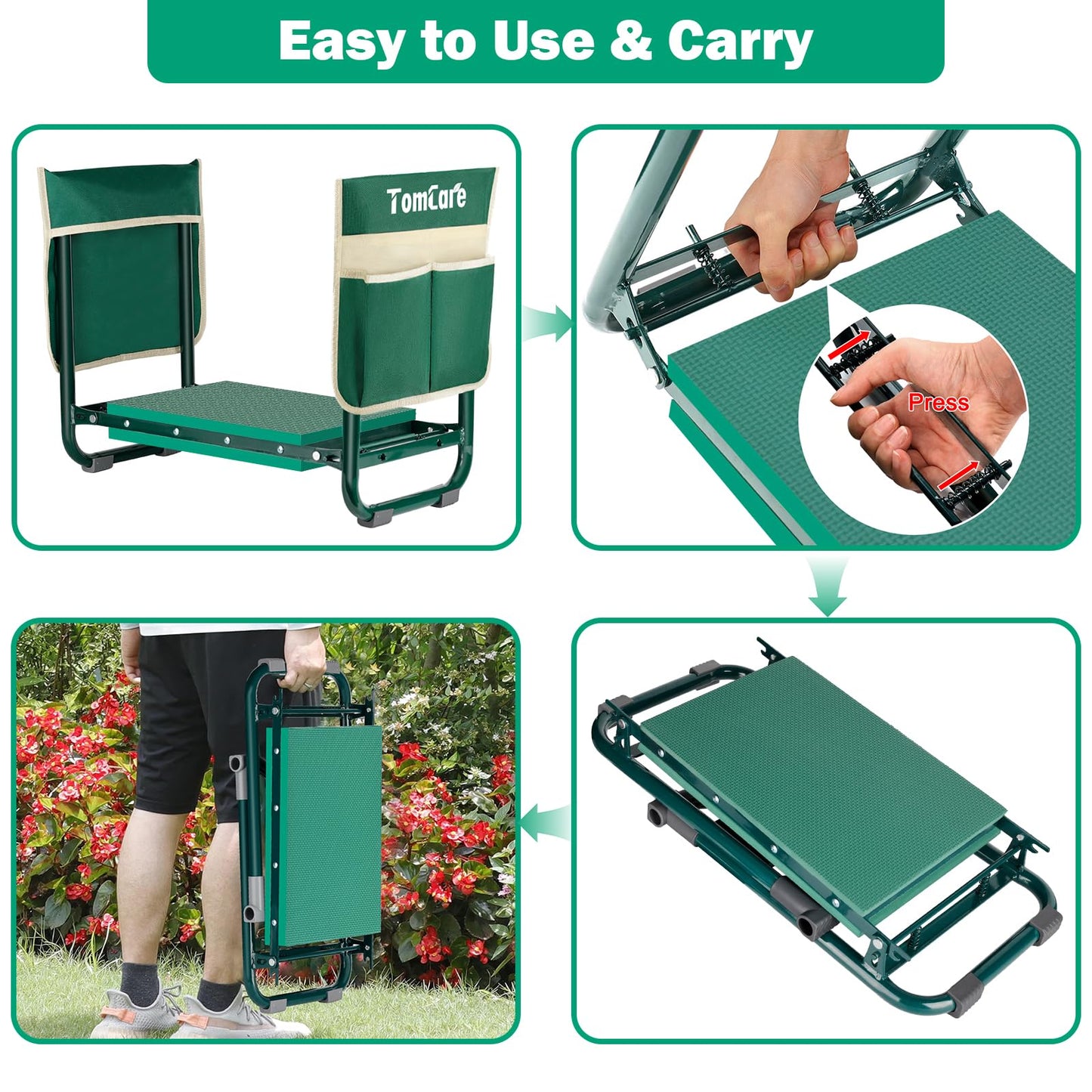 TomCare Garden Kneeler and Seat 10.24” Wide Kneeling Pad Garden Bench with 2 Tool Pouches Heavy Duty Stable Gardening Stool Tools Foldable Gardening Gifts for Women Men Seniors Gardeners, Green