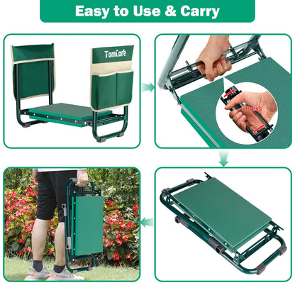 TomCare Garden Kneeler and Seat 10.24” Wide Kneeling Pad Garden Bench with 2 Tool Pouches Heavy Duty Stable Gardening Stool Tools Foldable Gardening Gifts for Women Men Seniors Gardeners, Green