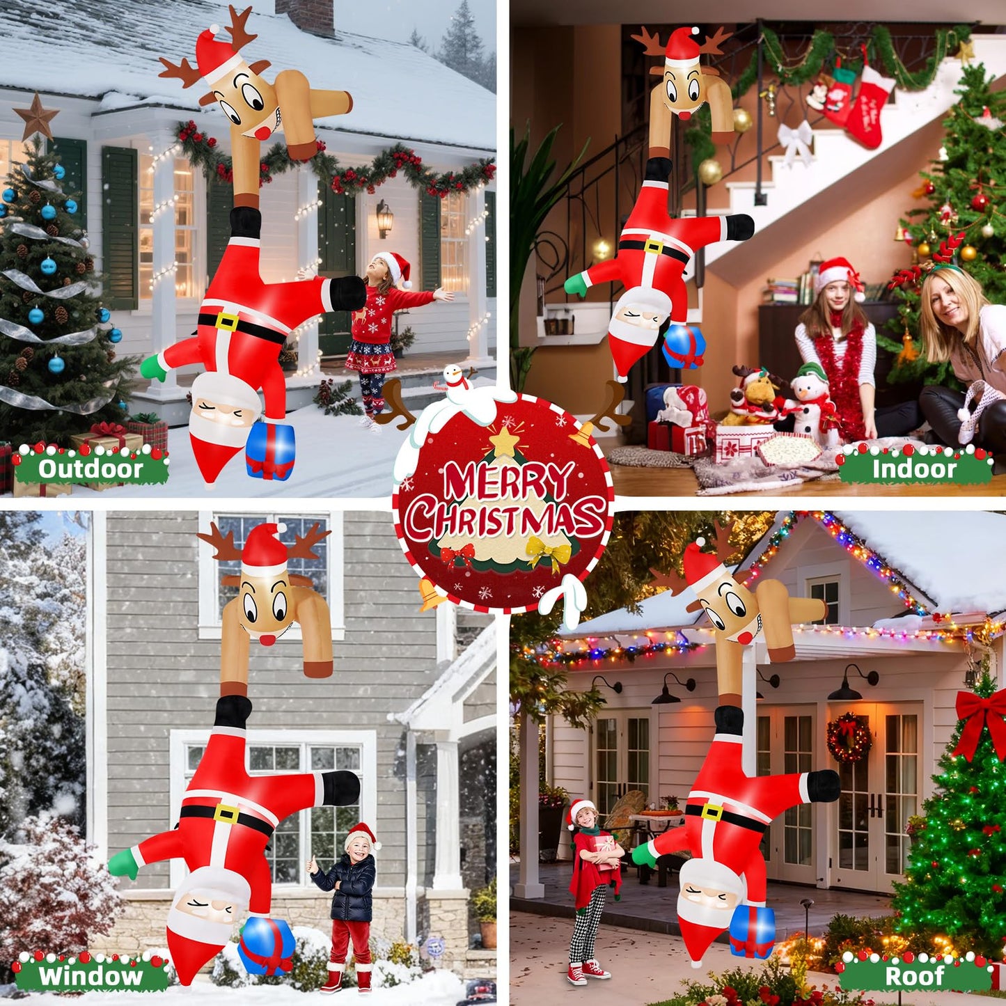 B&D 6FT Christmas Inflatable Reindeer Pulling Falling Santa Outdoor Decorations, Funny Hanging Inflatable Christmas Decorations Built-in LEDs Blow Up Yard Inflatable for Xmas Party Indoor Garden Roof