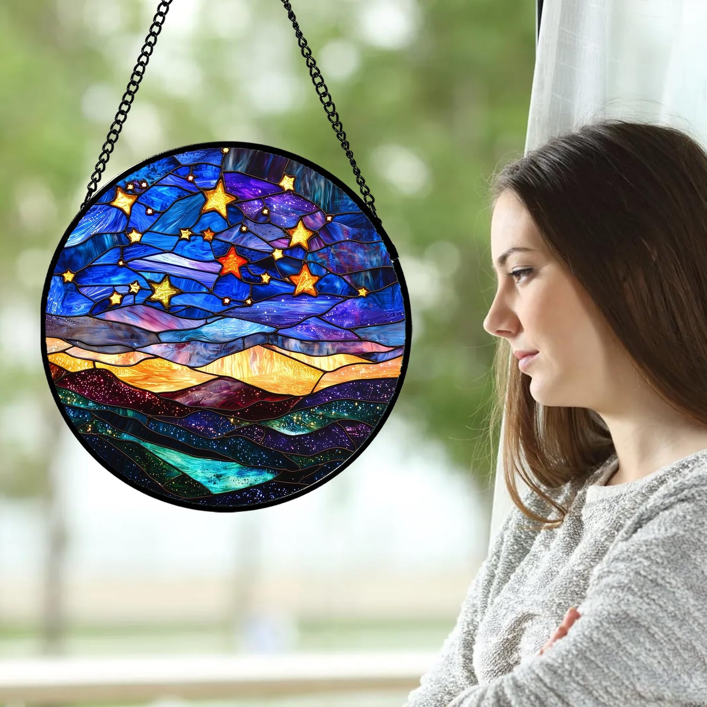 JOSUMALY Stained Glass Window Hanging, Blue Sky Gold Stars Abstract Landscape Suncatcher for Doors Window Home Sun Catchers Decor Mother's Day Birthday Gifts for Women, Men Mom 11.8 in