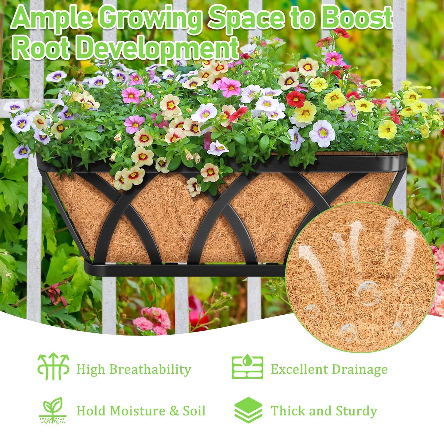Riare 2 Pack 16 Inch Metal Railing Planter Window Box with Coco Liner- Adjustable Window Flower Boxes for Railings, Hanging Rail Planters for Deck, Balcony, Porch, Fence, Indoor Outdoor Plants