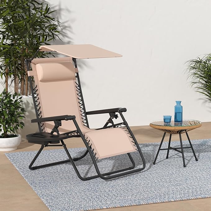 Best Choice Products Folding Zero Gravity Outdoor Recliner Patio Lounge Chair w/Adjustable Canopy Shade, Headrest, Side Accessory Tray, Textilene Mesh - Sand
