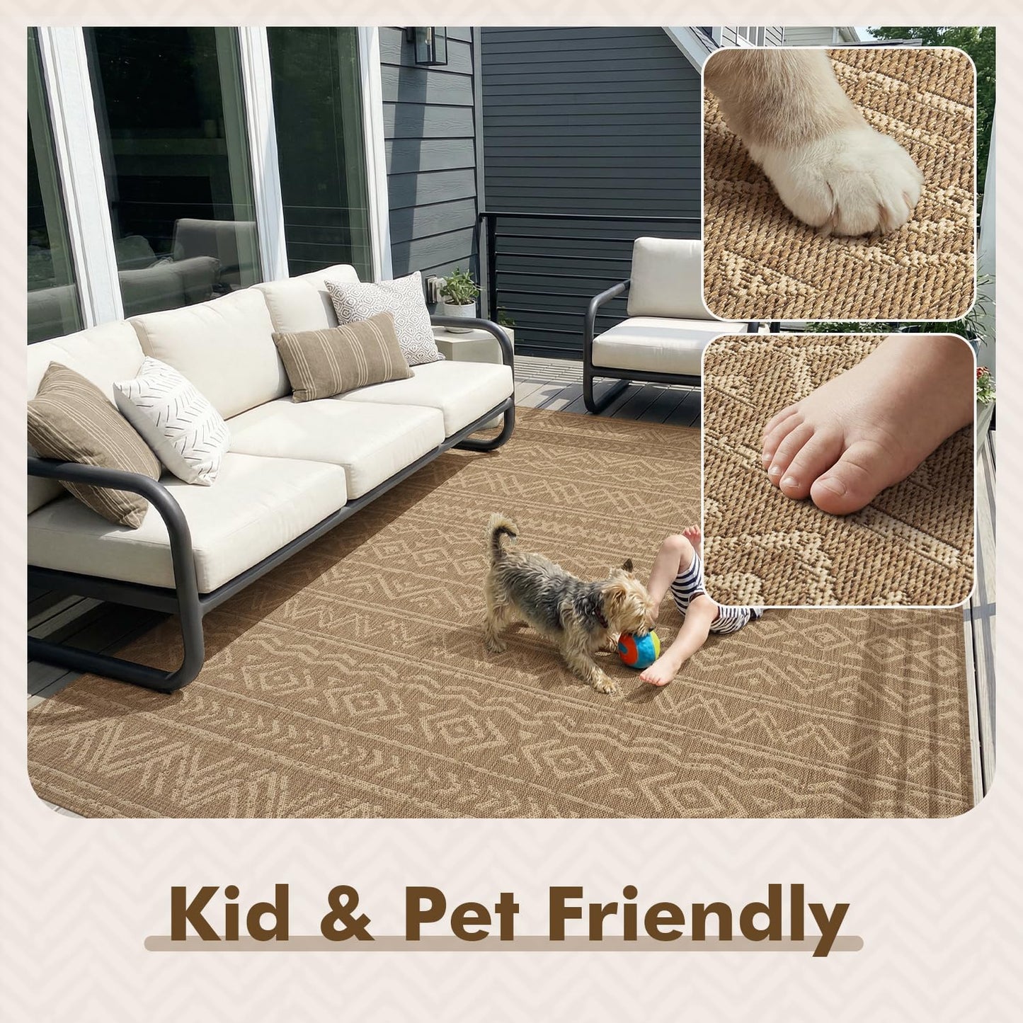 MontVoo-Outdoor Rug-Patio Rug 8x10 Polypropylene Indoor Outdoor Rug Outdoor Carpet for Patio Deck Balcony Porch, Textured Weave, Durable for High Traffic, Fade-Resistant, Boho Farmhouse Neutral Brown