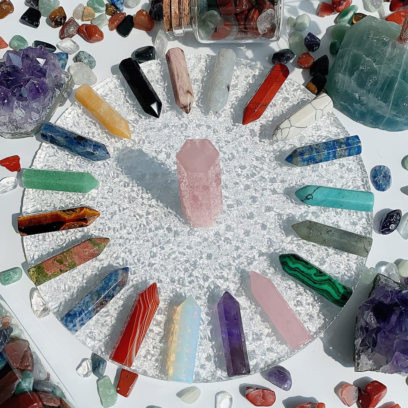 QINJIEJIE 20 PCS Healing Crystals Stones Sets Wands Bulk Natural Pocket Amethyst Crystal Rose Quartz Assorted Pointed Reiki Gemstones Polished Energy Meditation Chakra Mother's Day Gifts for Women