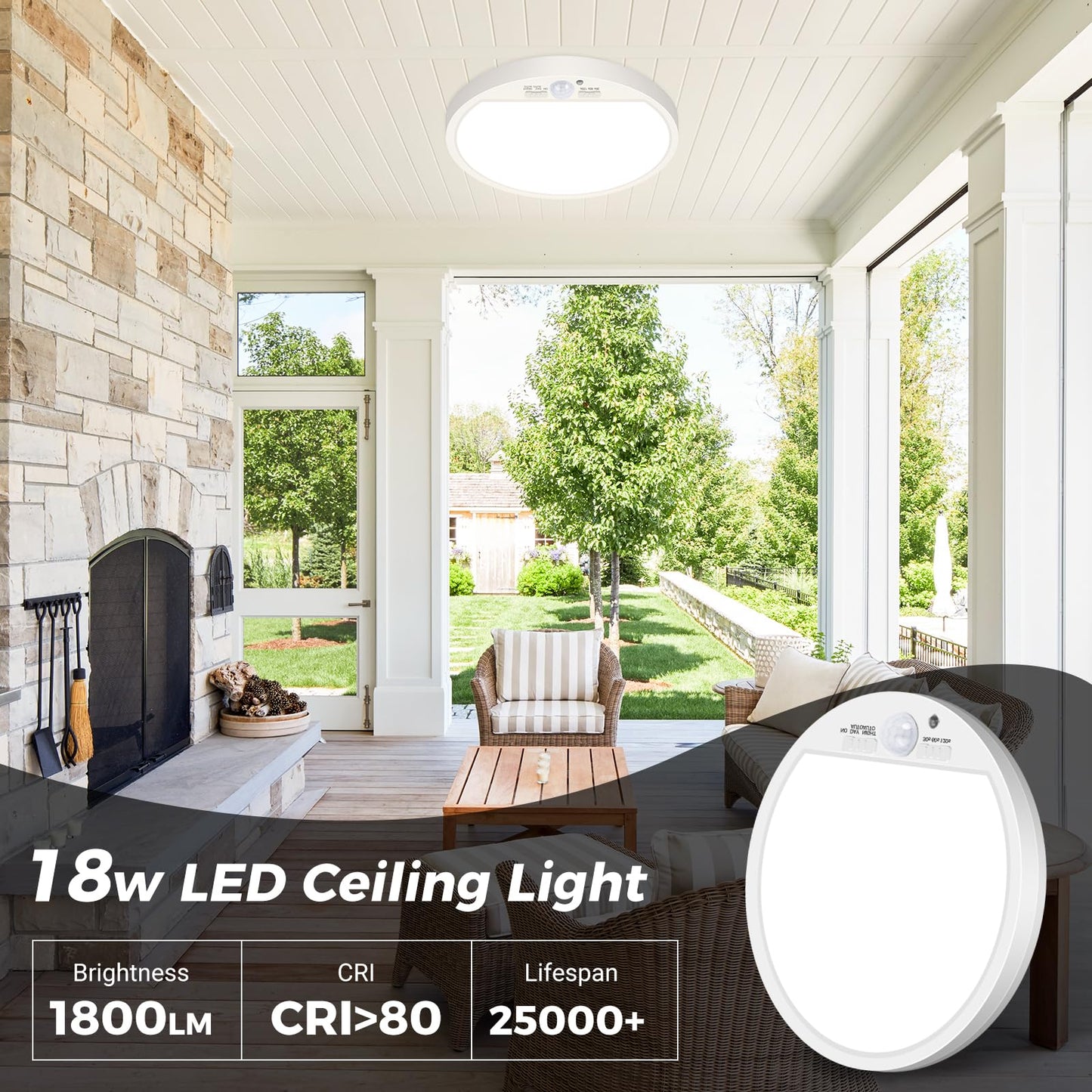 slochi LED Ceiling Light with Motion Sensor, 3000K-4000K-6500K & 100W Equivalent Motion Sensor Lights Indoor, 18W 1800LM 18cm Bathroom Ceiling Light for Bath,Porch,Stairs,Garage