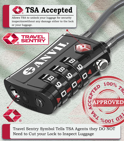 ANVIL TSA Locks for Luggage – TSA Approved Cable Travel Lock with Zinc Alloy Body, 3-Digit Combination Lock for Suitcases, Backpacks, Gun Cases, Zippers (4 Colours)