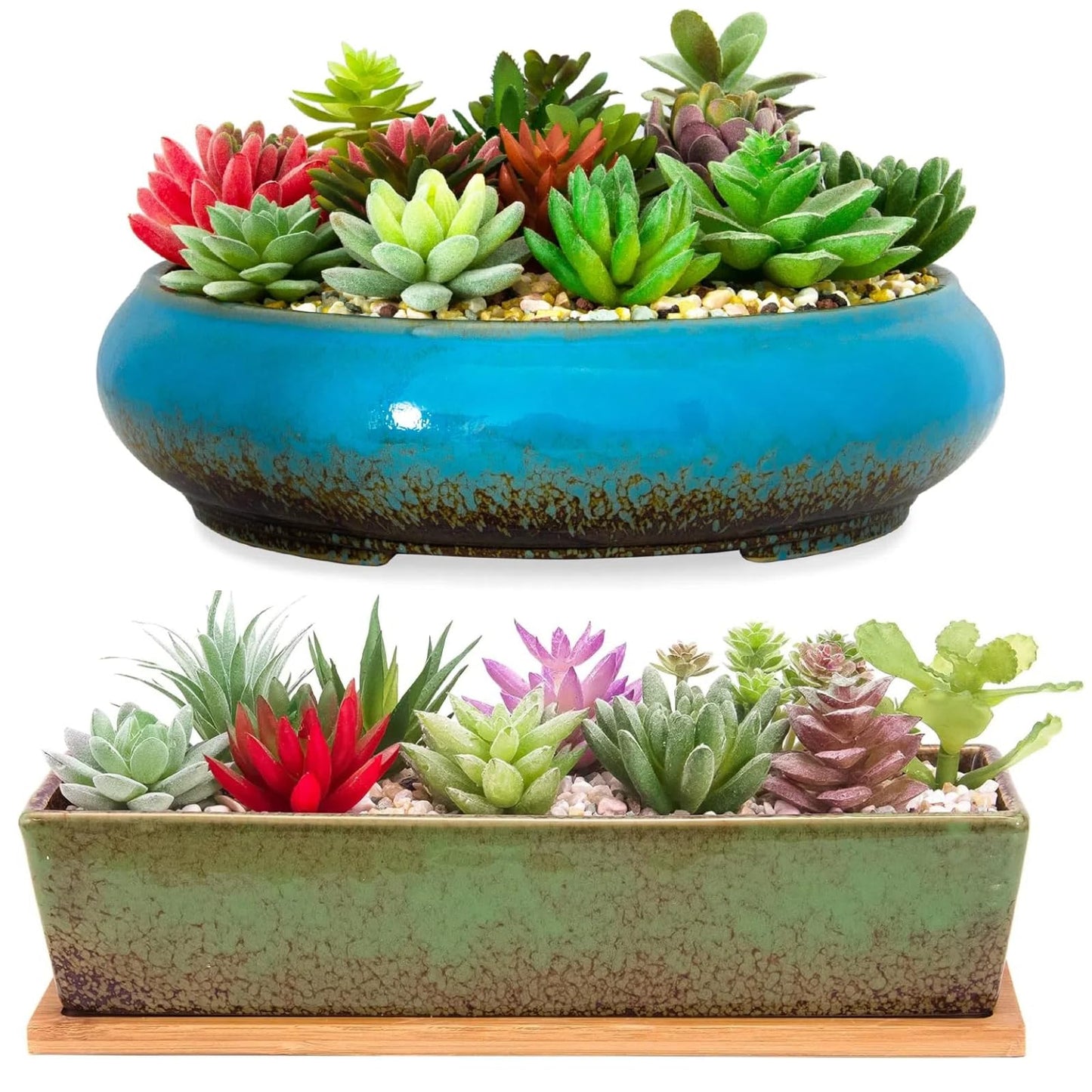 ARTKETTY Succulent Pots, Ceramic Bonsai Pots with Drainage, Large Shallow Succulent Planters for Indoor Outdoor Plants, Round Glazed Cactus Flower Plant Container Bowl