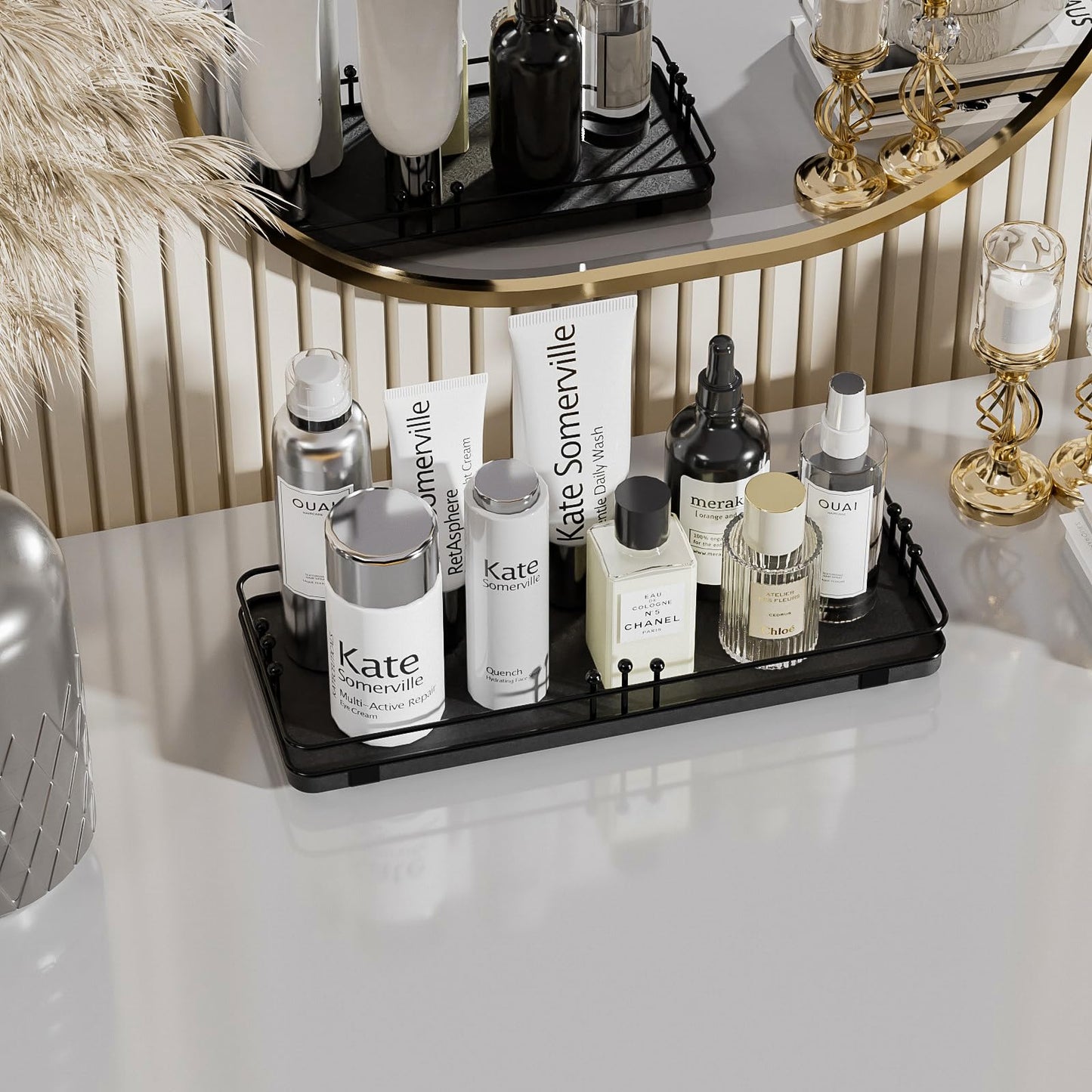 Pursura Bathroom Vanity Tray for Countertop Toiletries Perfume Makeup Soap Dispenser Toilet Tank, Kitchen Tray for Salt Spice, Black Decor Tray for Candle Nightstand Coffee 11.3”x 4.4”