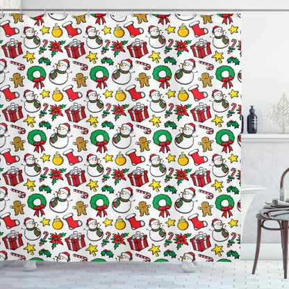 Ambesonne Christmas Shower Curtain, Classical Inspirational Wreath with Candy Cane Snowman Patterns Feast Theme, Cloth Fabric Bathroom Decor Set with Hooks, 69" W x 70" L, Red and White