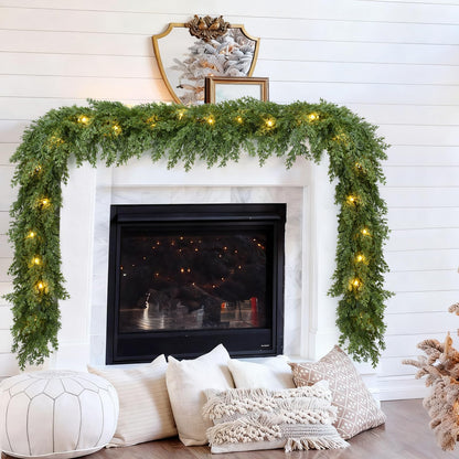 Lvydec Lighted Christmas Pine Garland Decoration, 6ft Realistic Cedar Cypress Garlands Christmas Greenery Garland with Lights for Holiday Mantel Fireplace Table Centerpiece (6ft)