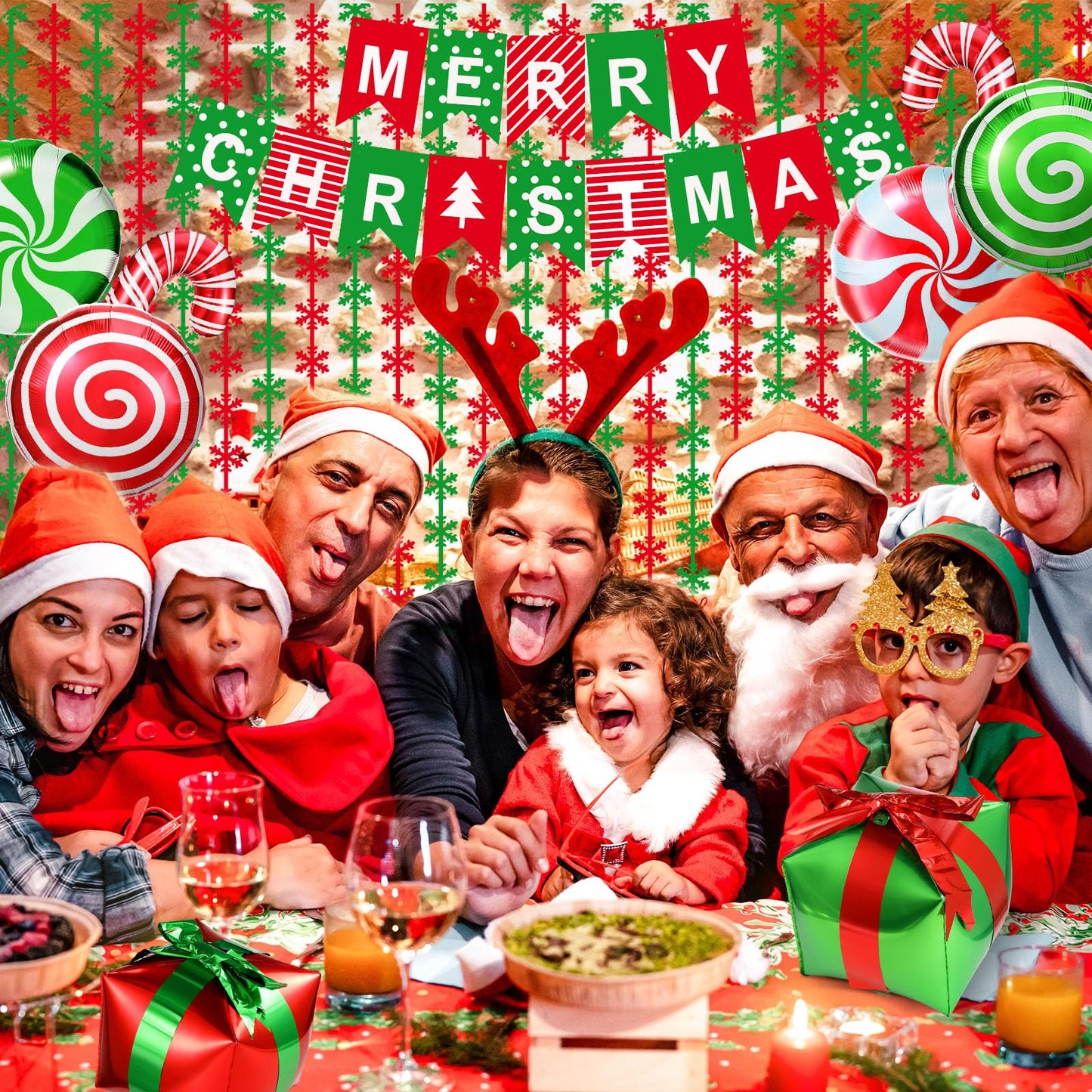Blosssound 11PCS Christmas Decorations Set Xmas Foil Fringe Curtains Backdrop Christmas Banner Lollipop Candy Cane Balloon Red Green Snowflake Garland for Christmas New Year Ugly Sweater Party Decor