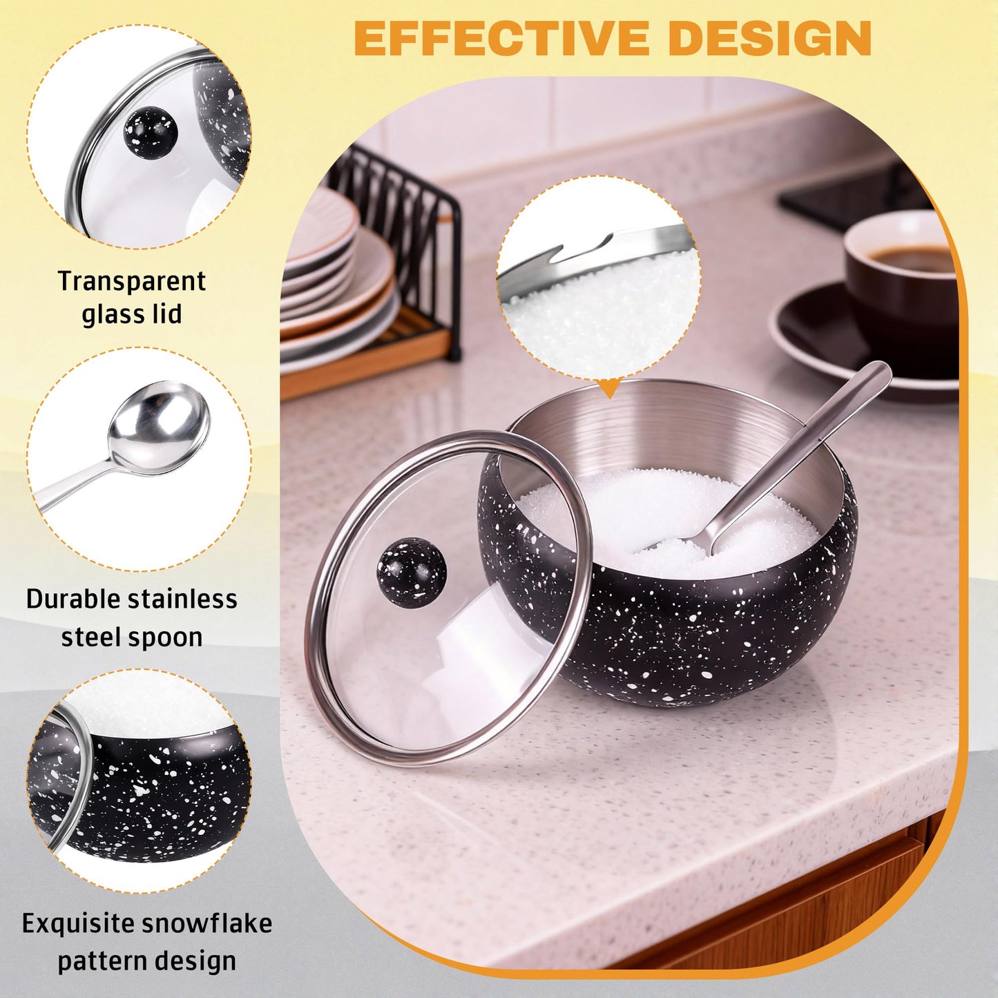 holoith Sugar Container with Glass Lid and Spoon, 16oz Snowflake pattern Stainless Steel Sugar Bowl for Coffee Bar Station Accessories Kitchen Storage for Salt, Candy, Coffee Bean (Black)