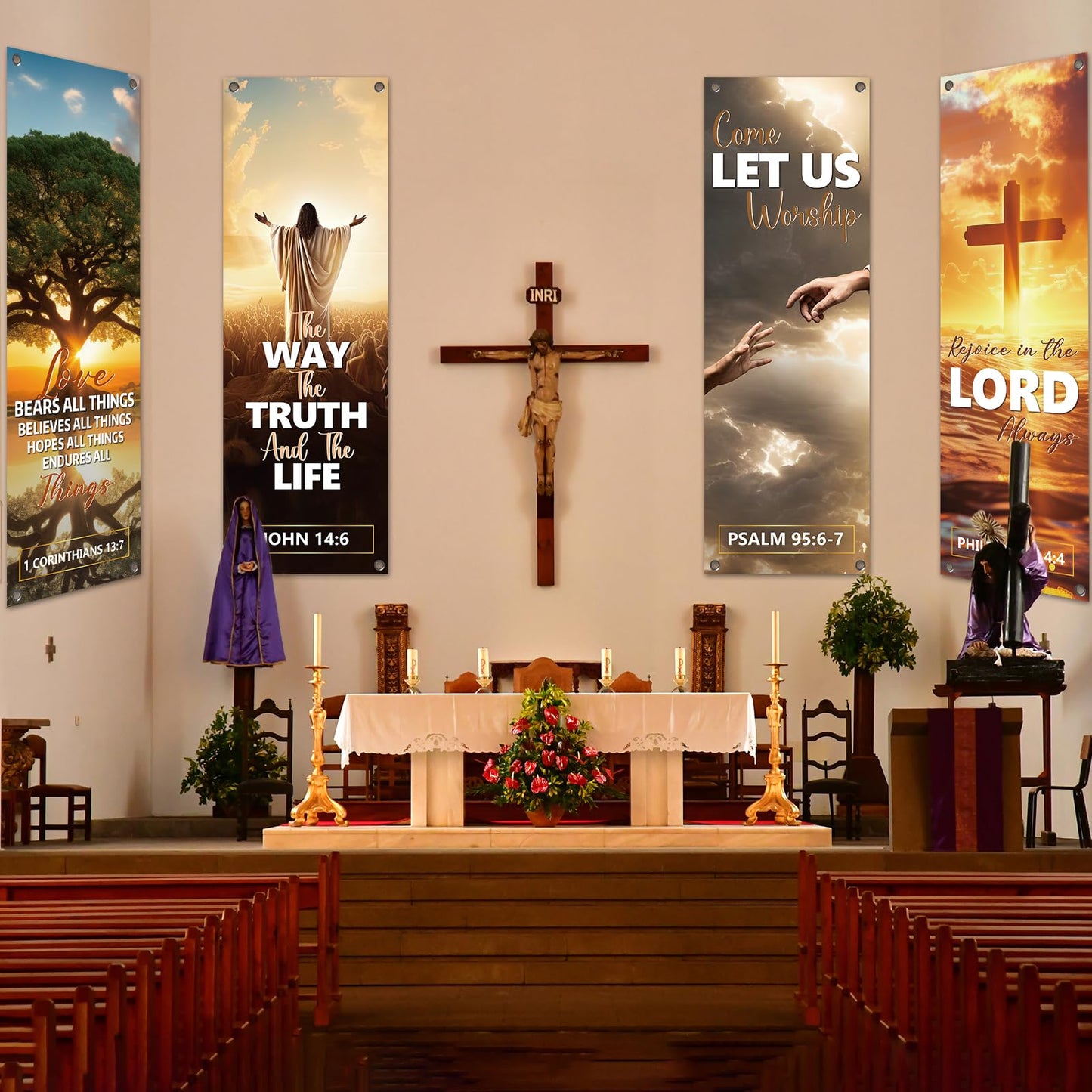 4Pcs Church Banners for Sanctuary Wall Welcome Religious Banners Hanging Backdrop Sanctuary Church Hanging Signs Bible Verses Banner Scripture Church Hanging Signs for Church School Decor