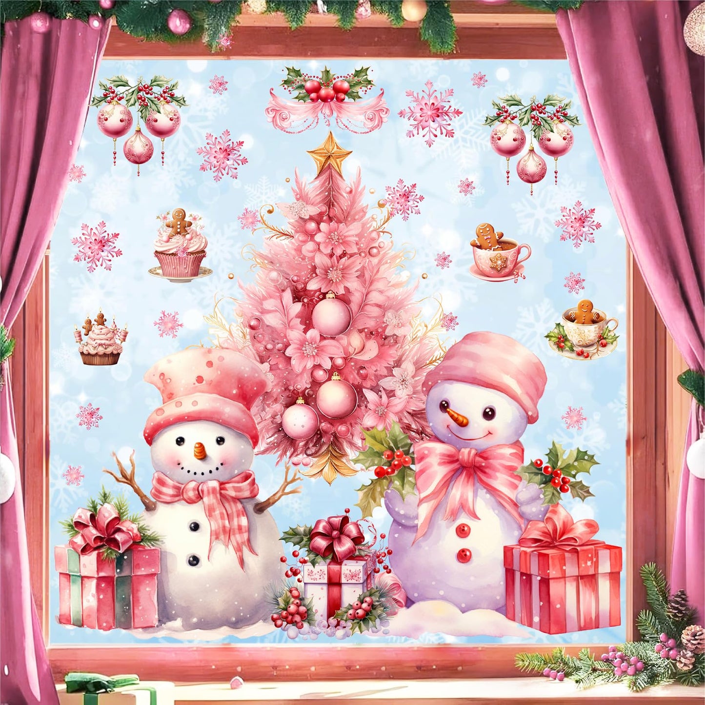 Pink Christmas Window Clings Removable Snowman Static Decals Indoor Home Decoration Double-Sided Xmas Tree Stickers for Glass Winter Pine Tree Snowflakes Cling for Living Room Holiday Party Supplies