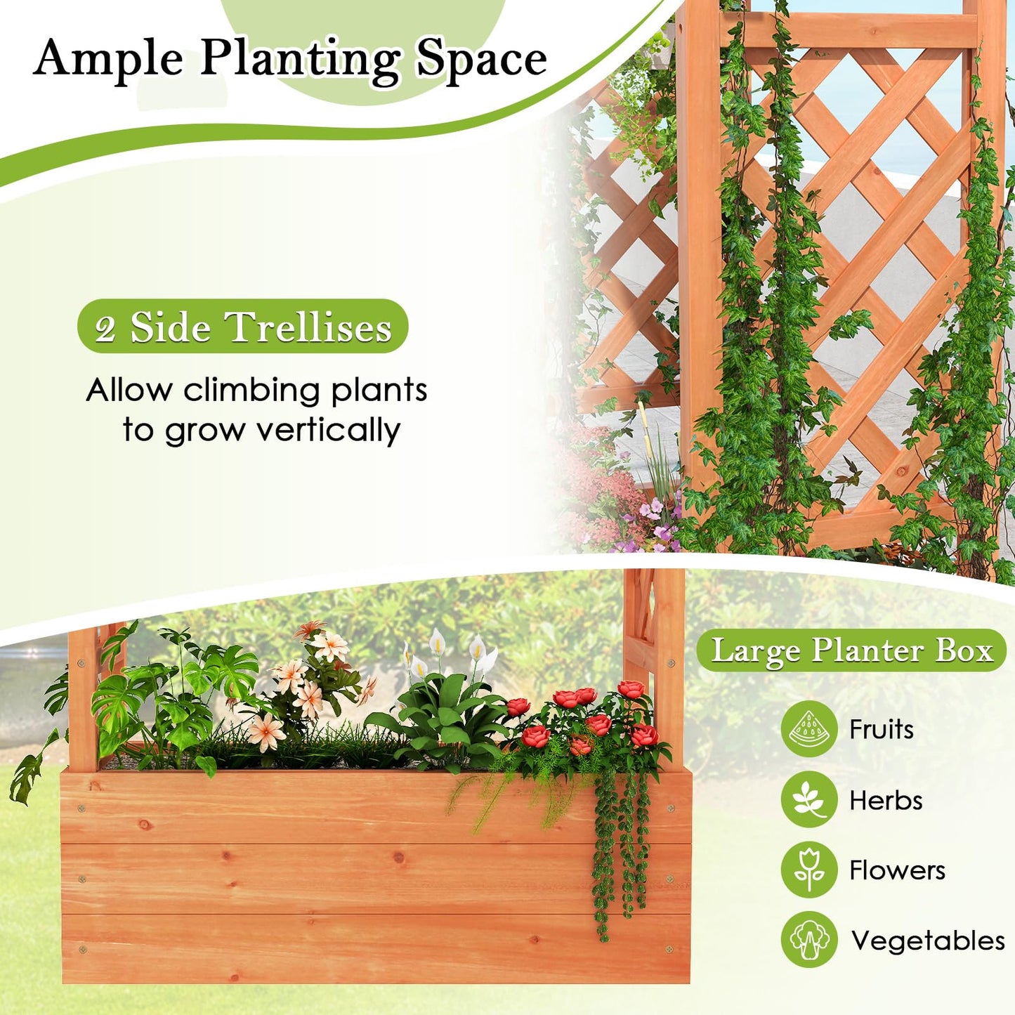 HAPPYGRILL Raised Garden Bed with Trellis, Freestanding Wood Planter Box w/Hanging Roof & 4 Drainage Holes for Vine, Climbing Plants, Flowers, Outdoor Planter with Trellis for Garden, Patio, Yard