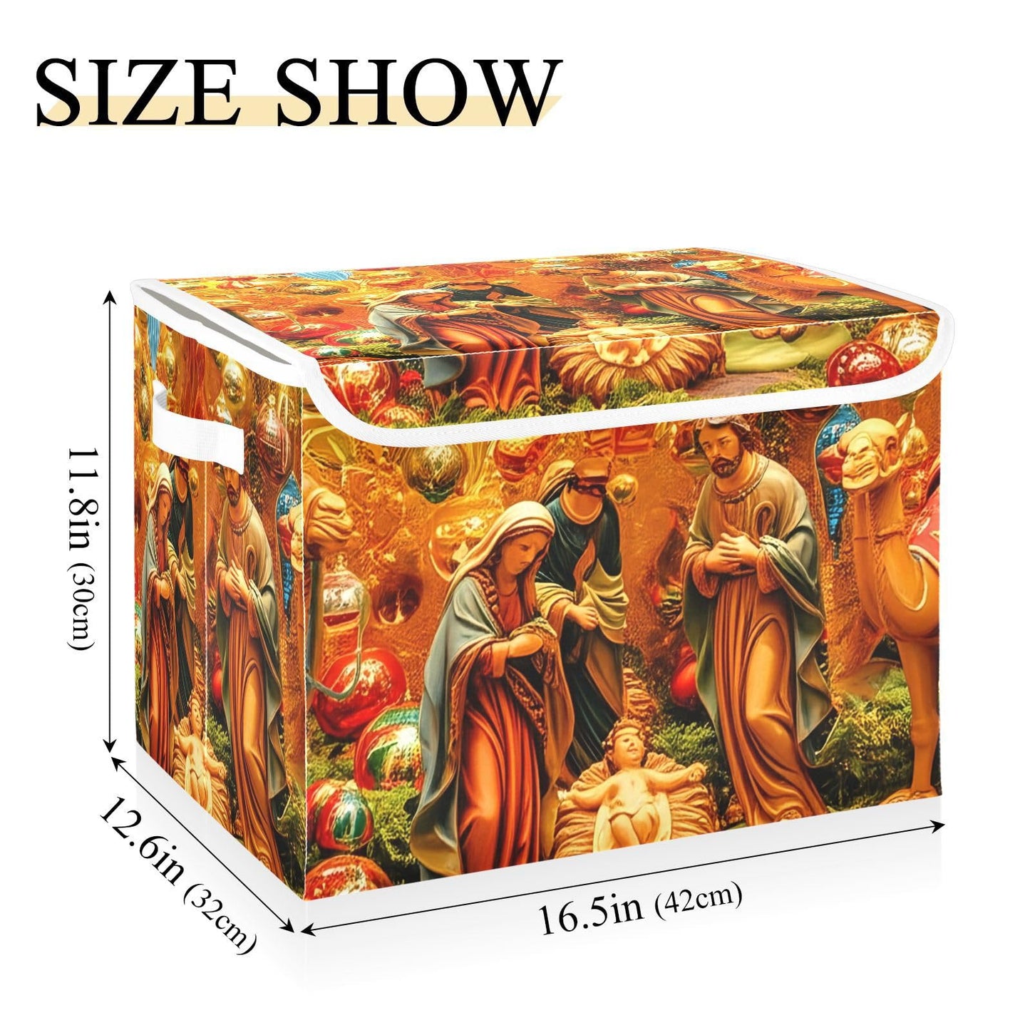 Bokkoy Nativity Scene Art Lidded Storage Bins with Handles - 16.5"x12.6"x11.8" Foldable Organizing Box, Oxford Fabric & Honeycomb Board, Dust-Proof Flip Lid for Closet/Office