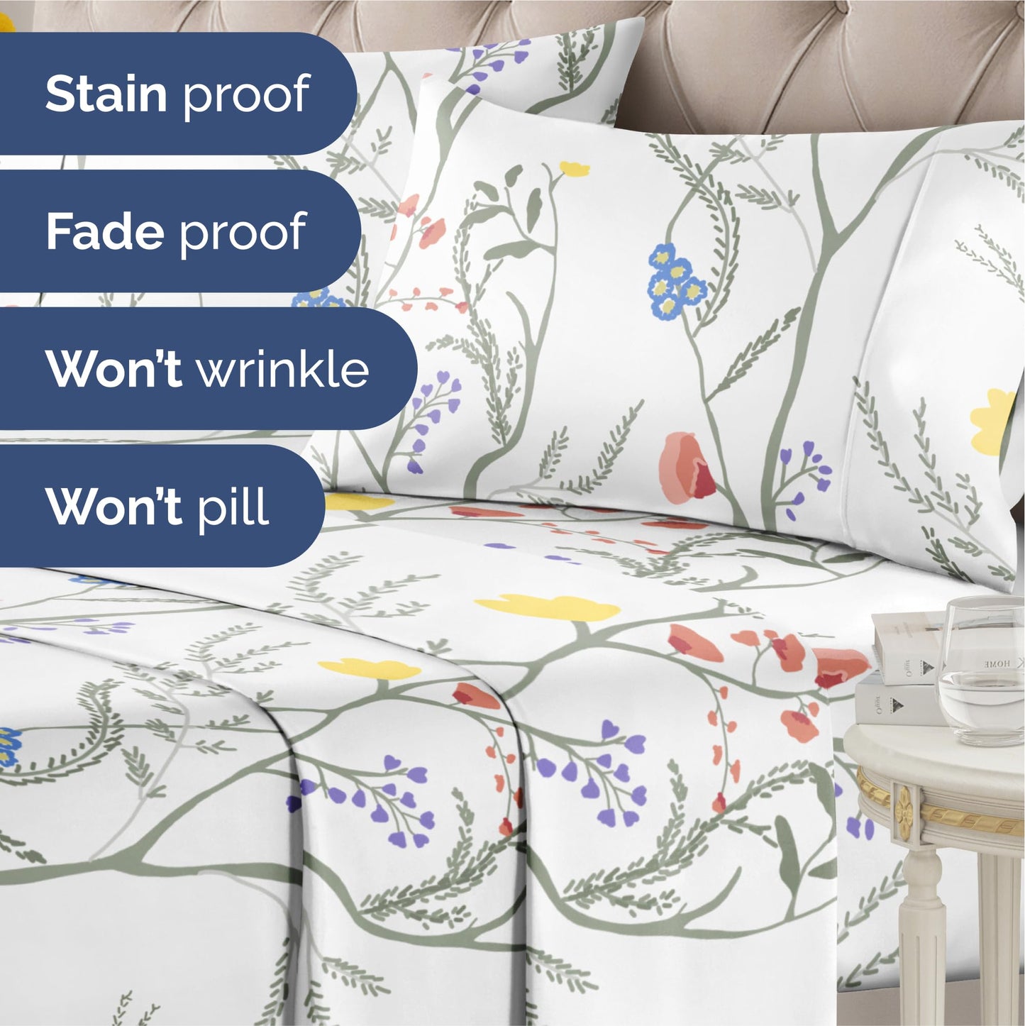 Floral Sheets - Boho Queen Bed Sheet Set - 1 Flat, 1 Fitted & 2 Pillowcases w/ Deep Pockets - Comfy, Wrinkle & Fade Free - Boho Botanical Bedding - Ultra-Soft, Breathable & Cooling - Queen Size Set