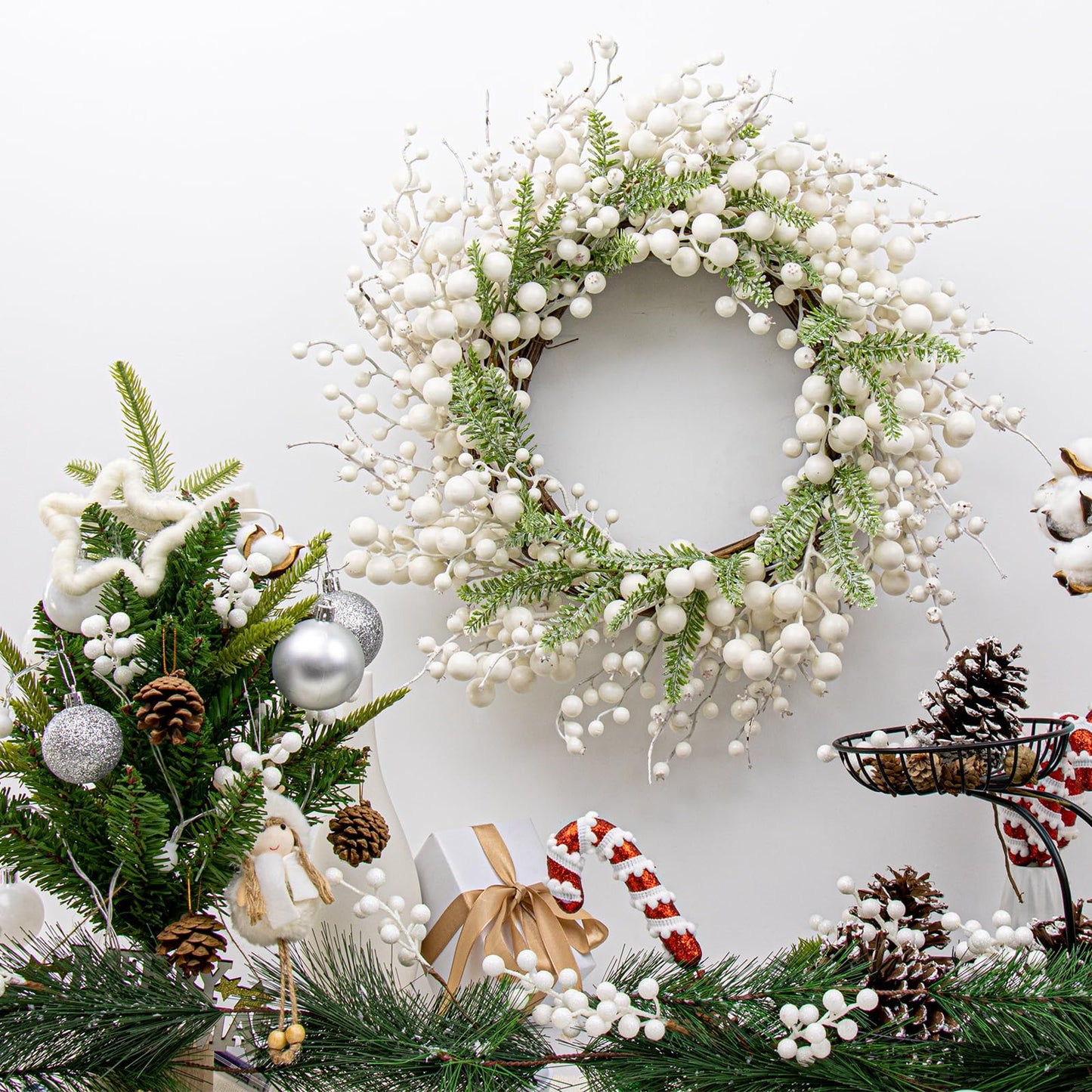 Yawwind 20 Inches White Christmas Wreath Farmhouse Winter Wreath Rustic Winter Wreaths for Front Door with White Berry Fir Pine Needle for Doors Window Indoors Porches Outside
