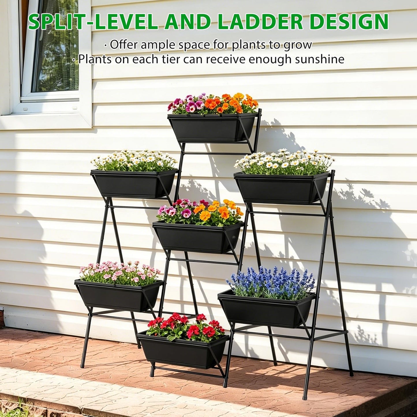 YAHKBTEN Raised Garden Bed Tiered Vertical Garden Planters Outdoor 7 Planter Boxes with Legs Indoor Elevated Herbs Flowers Vegetables Garden Box for Backyard Patio Balcony, Black