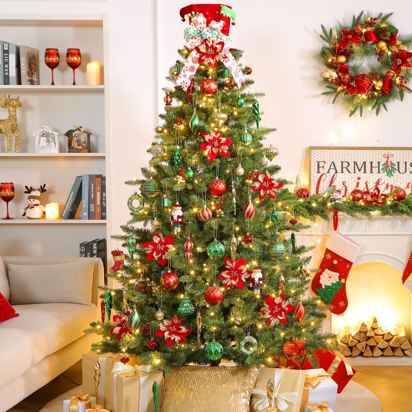 SHareconn 135pcs Christmas Balls Ornaments Set, Shatterproof Plastic Baubles, Ribbon and Tree Topper for Xmas Tree Holiday Wedding Party Decorations with Hanging Strings, Red, Green and Gold