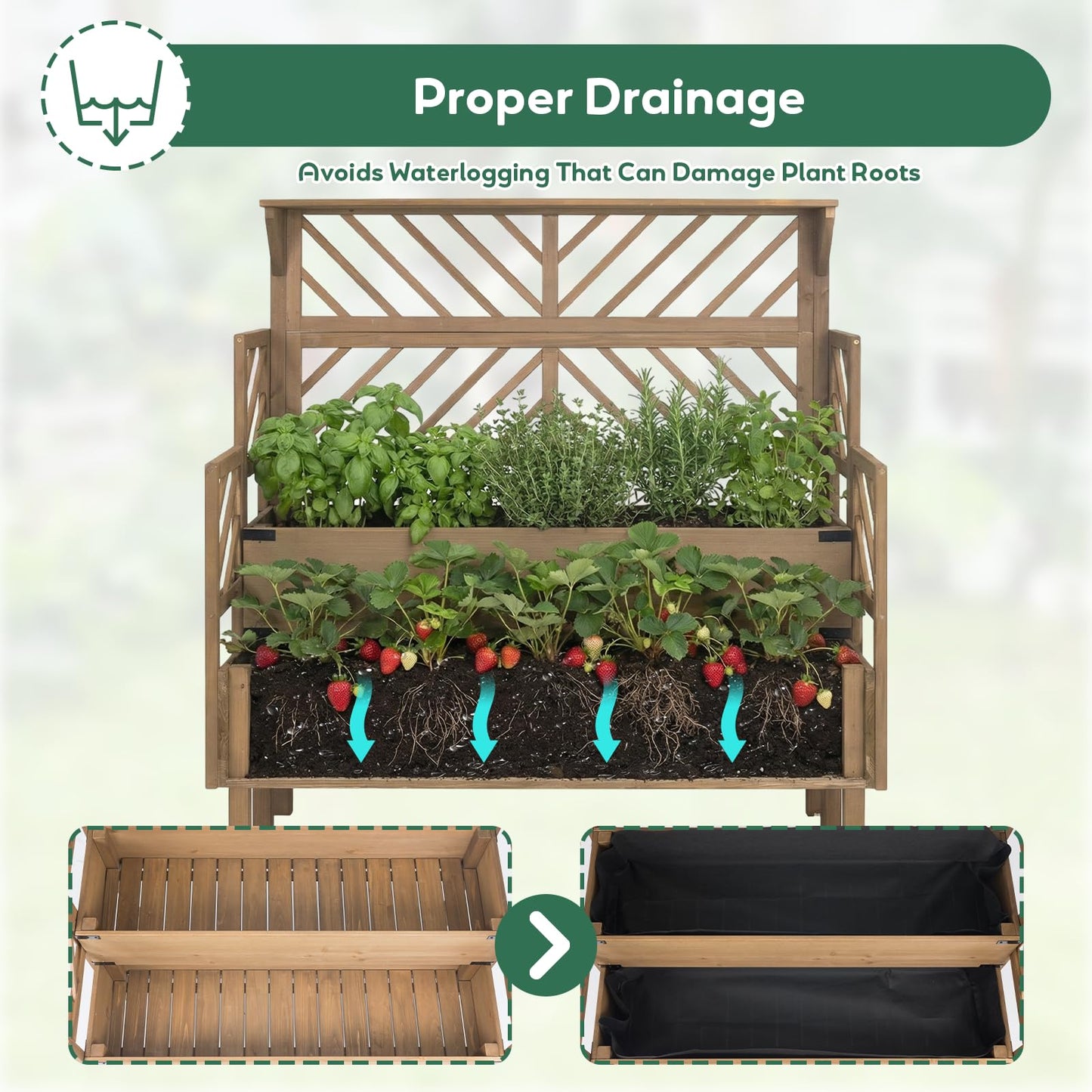PetsCosset Raised Garden Bed with Trellis, 2-Tier Elevated Planter Box with Legs & Top Shelf, Liner, Metal Corners, Wooden Garden Beds for for Climbing Plants, Flower, Vegetables, Herbs