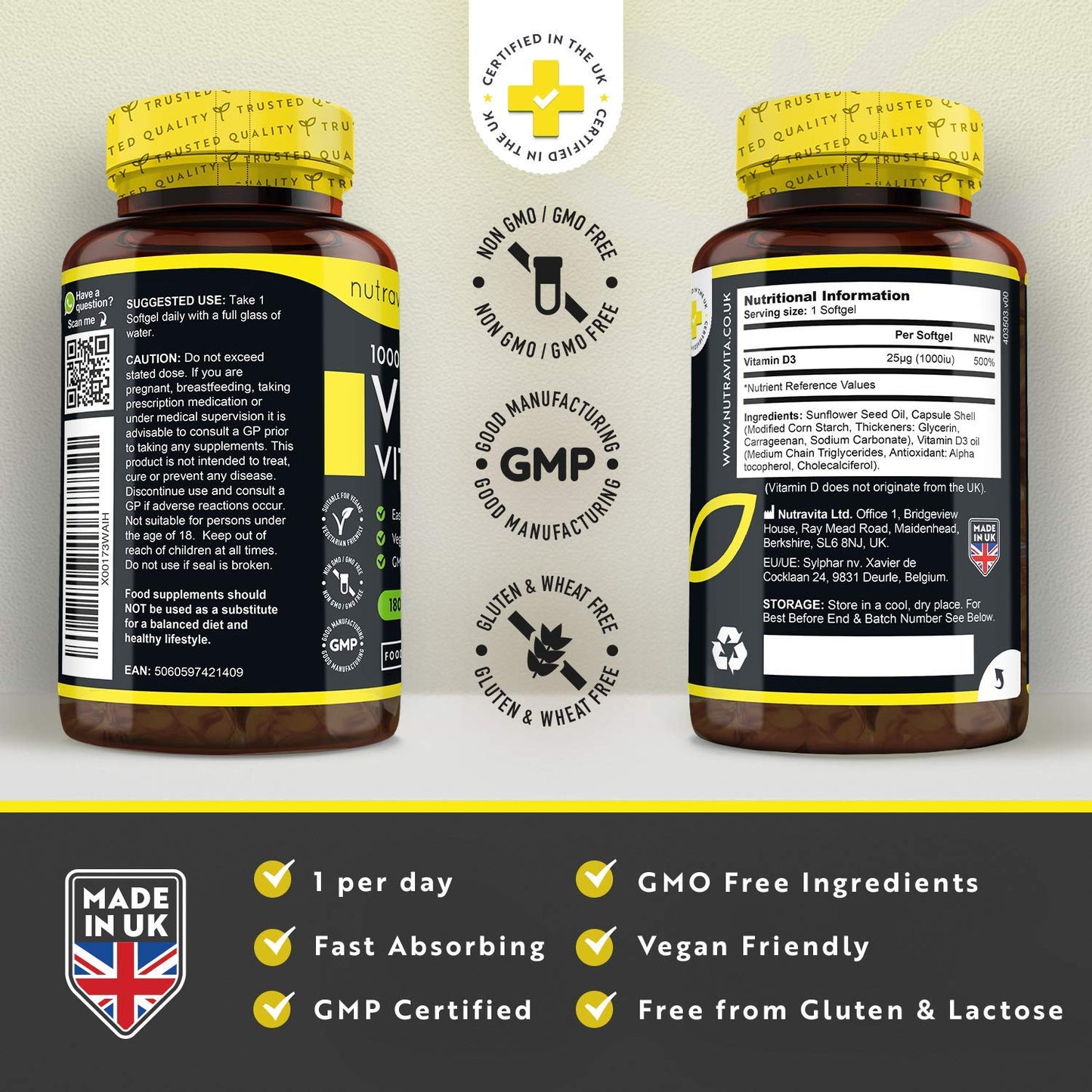 Vegan Vitamin D 1000iu (25ug) - Plant-Based Vitamin D3 Softgel Capsules Derived from Lichen - Maintenance of Healthy Immune System, Muscles, Bones & Teeth - 180 Softgels - Made in The UK by Nutravita